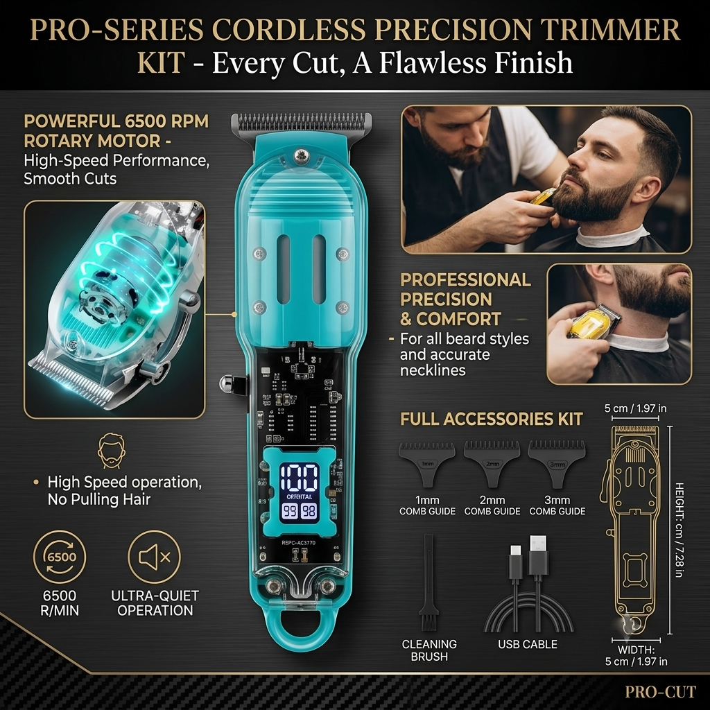 Harroz Transparent LCD Professional Hair Trimmer | USB Rechargeable Beard & Hair Clipper Kit