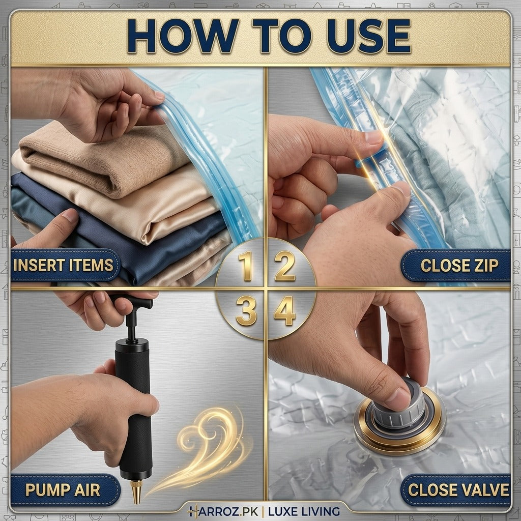 Vacuum Storage Bags Set of 5 with Hand Pump | Space Saver Compression Bags | Harroz Pakistan